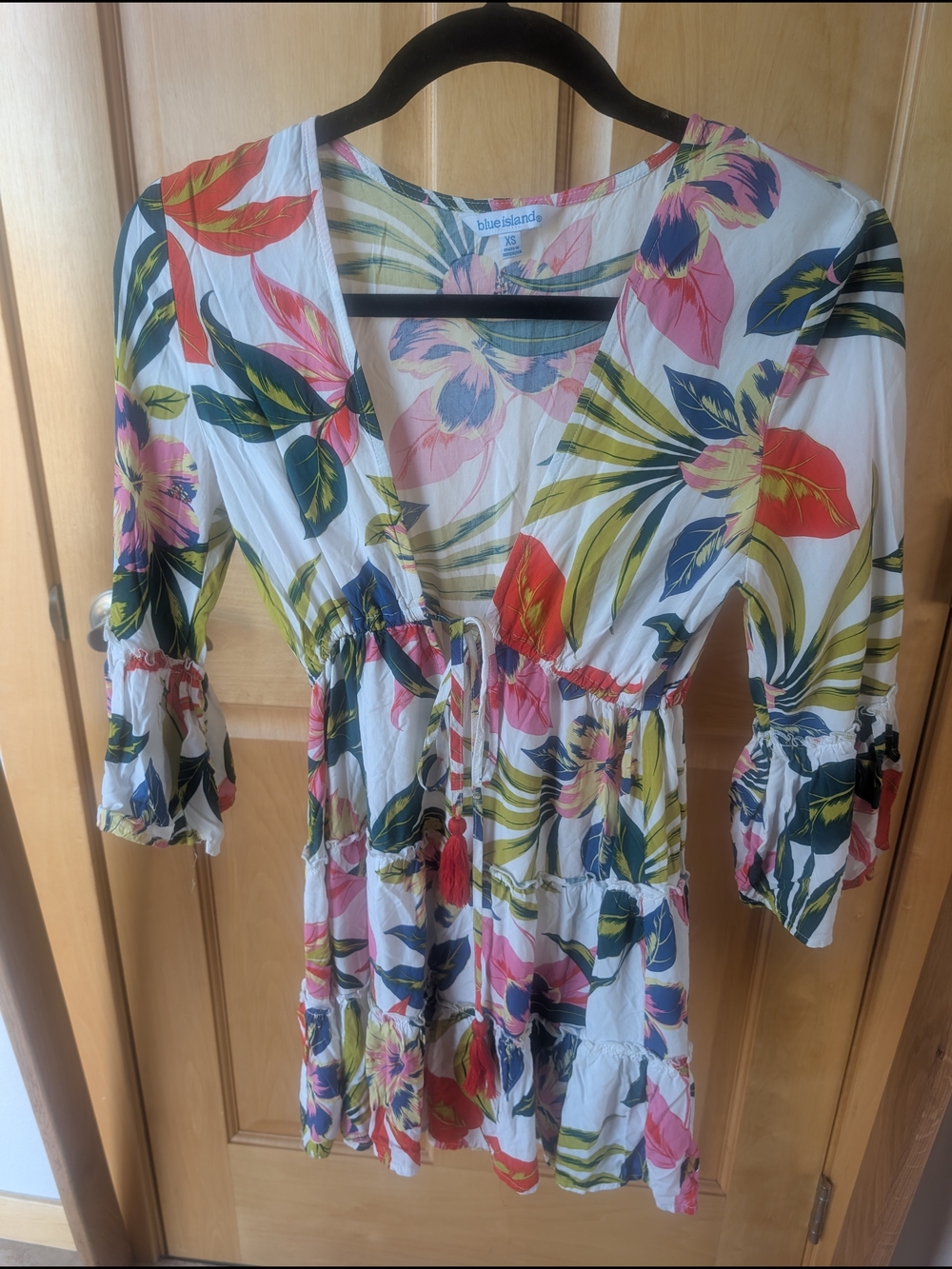 Blue Island Tropical Floral Tie-Front Tunic Dress / Cover Up